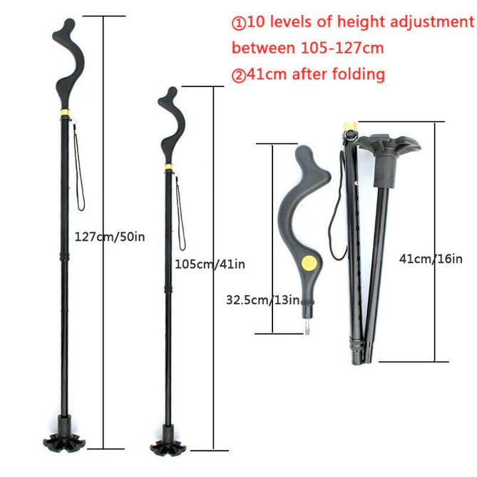 Adjustable Walking Stick with Ergonomic Handle and 360-Degree Rotating Tip, 12 Height Settings