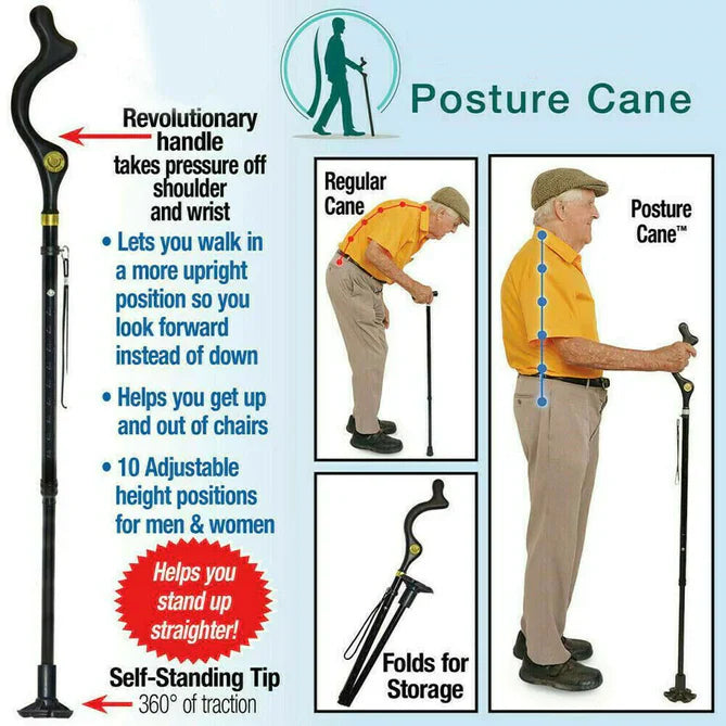 Adjustable Walking Stick with Ergonomic Handle and 360-Degree Rotating Tip, 12 Height Settings