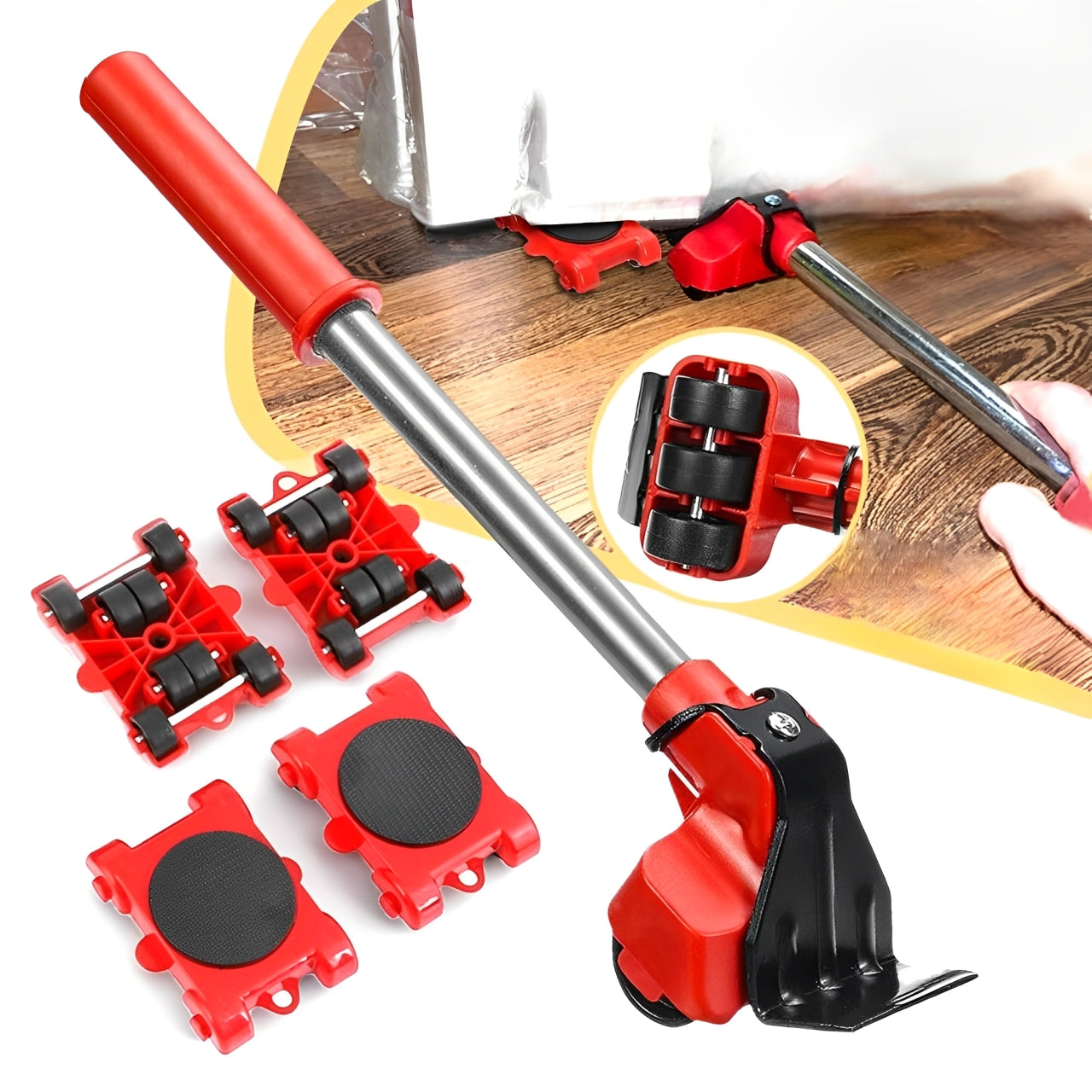 Furniture Moving Rollers with Lifting Bar and 360-Degree Wheels, 4-Pad Set