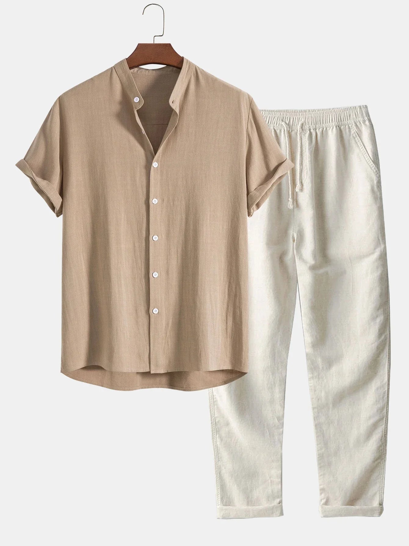 Lightweight Linen Set with Short Sleeve Shirt and Tailored Pants for Summer