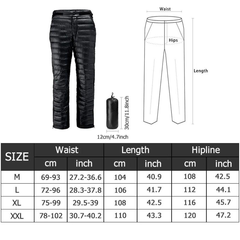 Insulated Goose Down Pants with Full Length Side Zippers and Oxford Reinforced Legs