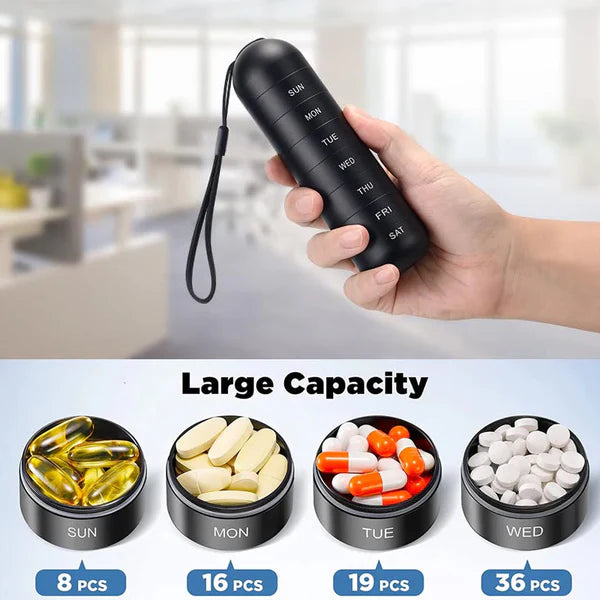 Portable Aluminum Pill Case with Seven Day Compartments and Waterproof Seals