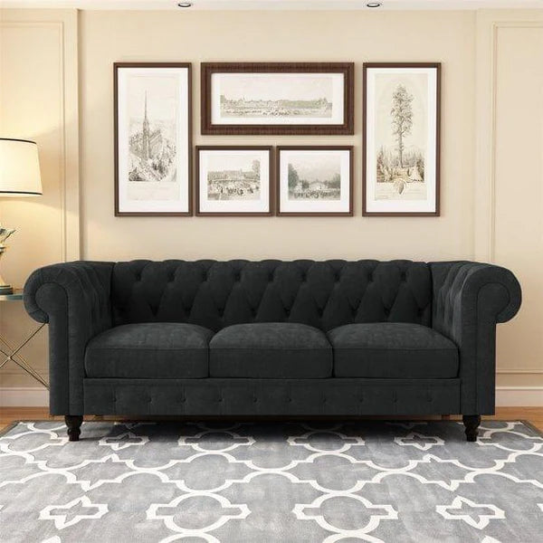 UrbanElegance Chesterfield Velvet Sofa Dark Gray with Tufted Back, 3-Seater Living Room Sofas