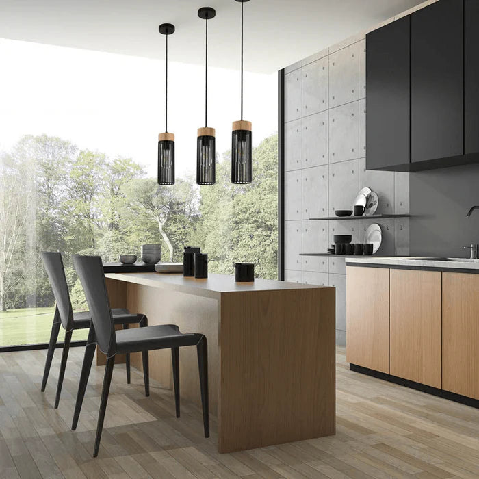 Nordica Archer Black & Wood Cylinder Pendant Light 1-Light E26 Adjustable, Kitchen Lights