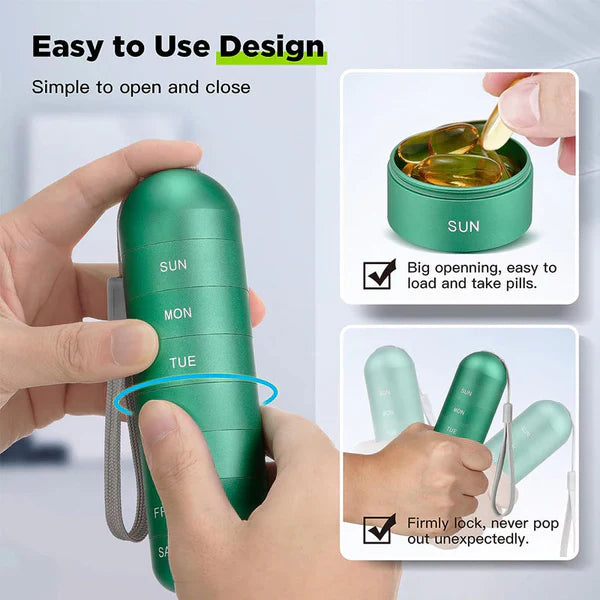 Portable Aluminum Pill Case with Seven Day Compartments and Waterproof Seals