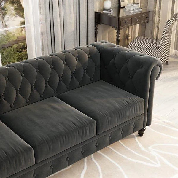 UrbanElegance Chesterfield Velvet Sofa Dark Gray with Tufted Back, 3-Seater Living Room Sofas