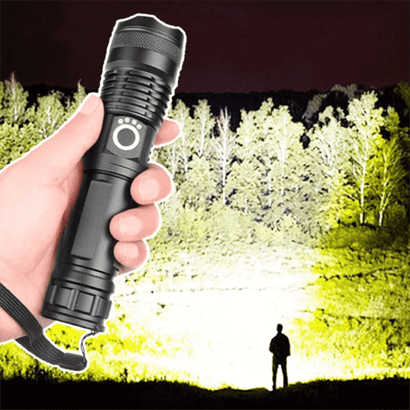 Rechargeable Flashlight with Telescopic Zoom Lens and 90,000 Lumens, IPX6 Water Resistant