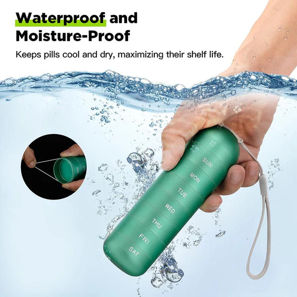 Portable Aluminum Pill Case with Seven Day Compartments and Waterproof Seals