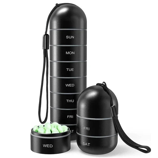 Portable Aluminum Pill Case with Seven Day Compartments and Waterproof Seals
