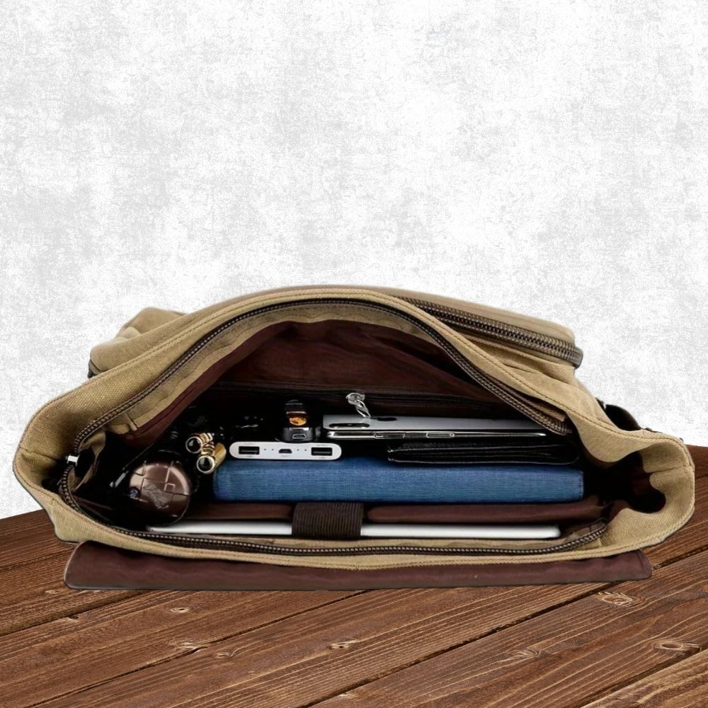 Canvas Messenger Bag with Organized Interior Pockets and Water Resistant Coating