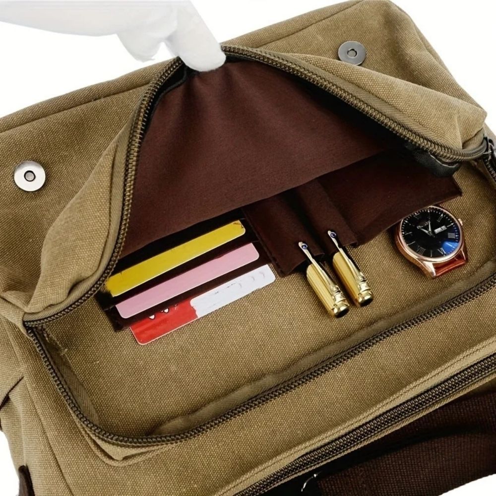 Canvas Messenger Bag with Organized Interior Pockets and Water Resistant Coating
