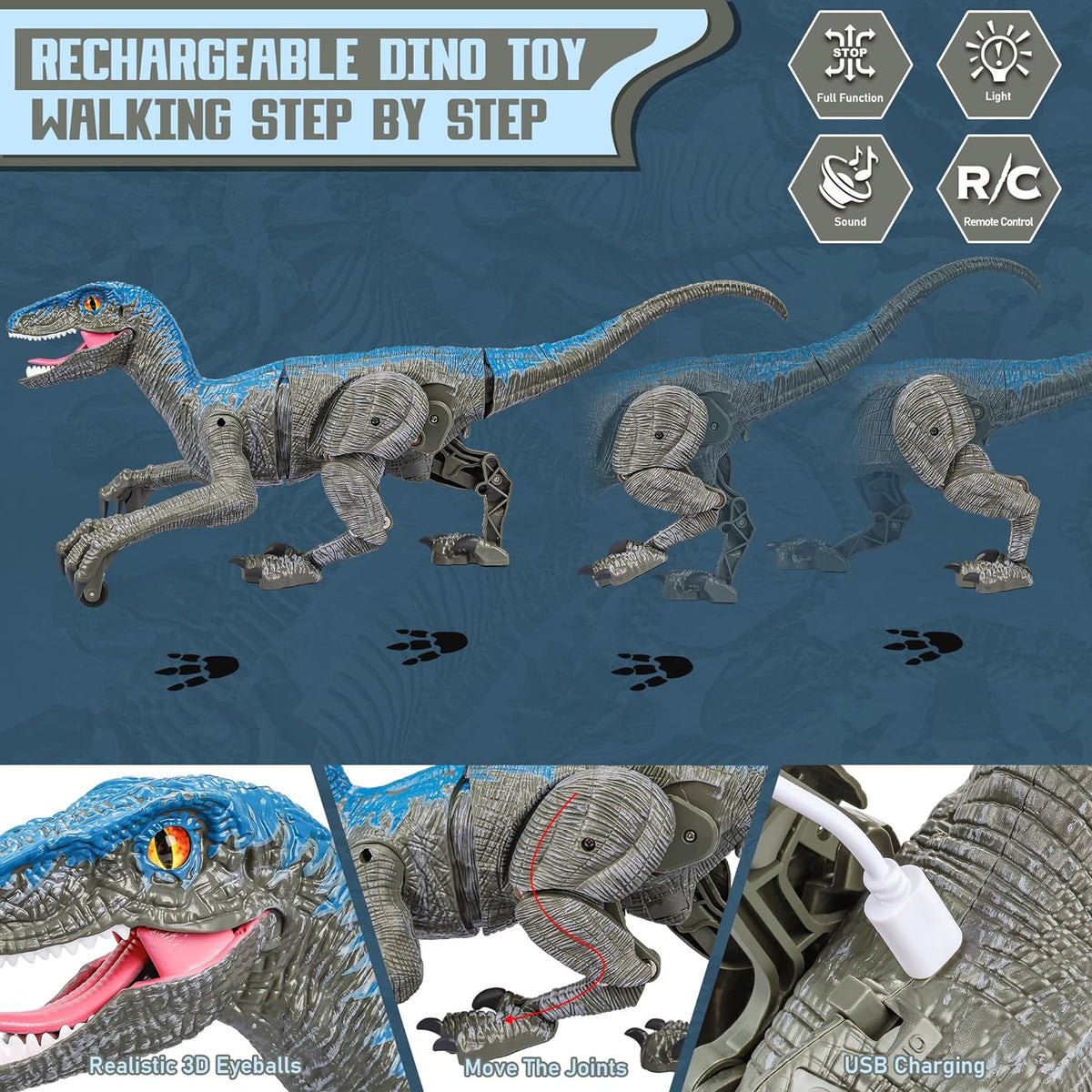 Walking Velociraptor Dinosaur Toy with Remote Control and Sound Effects