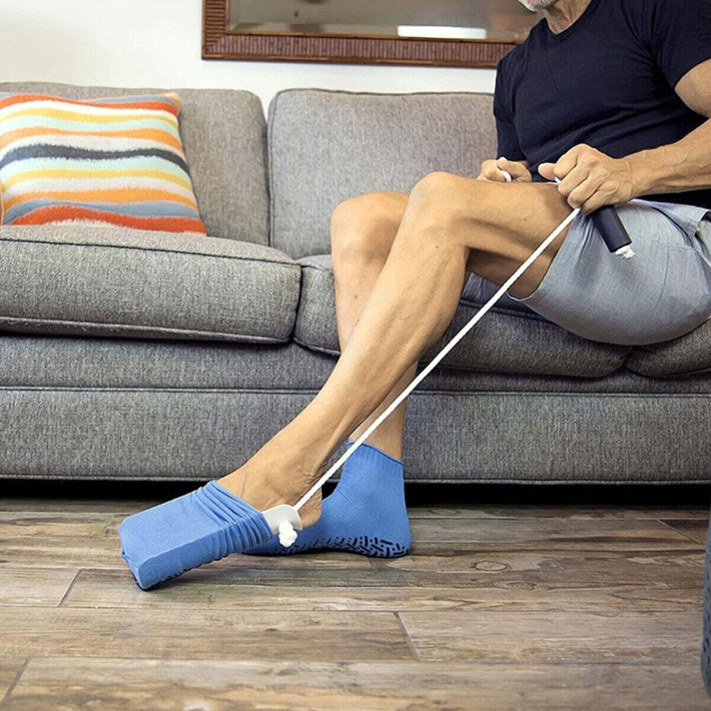 Sock Aid Tool with Extended Handles and Cushioned Frame for Seated Application