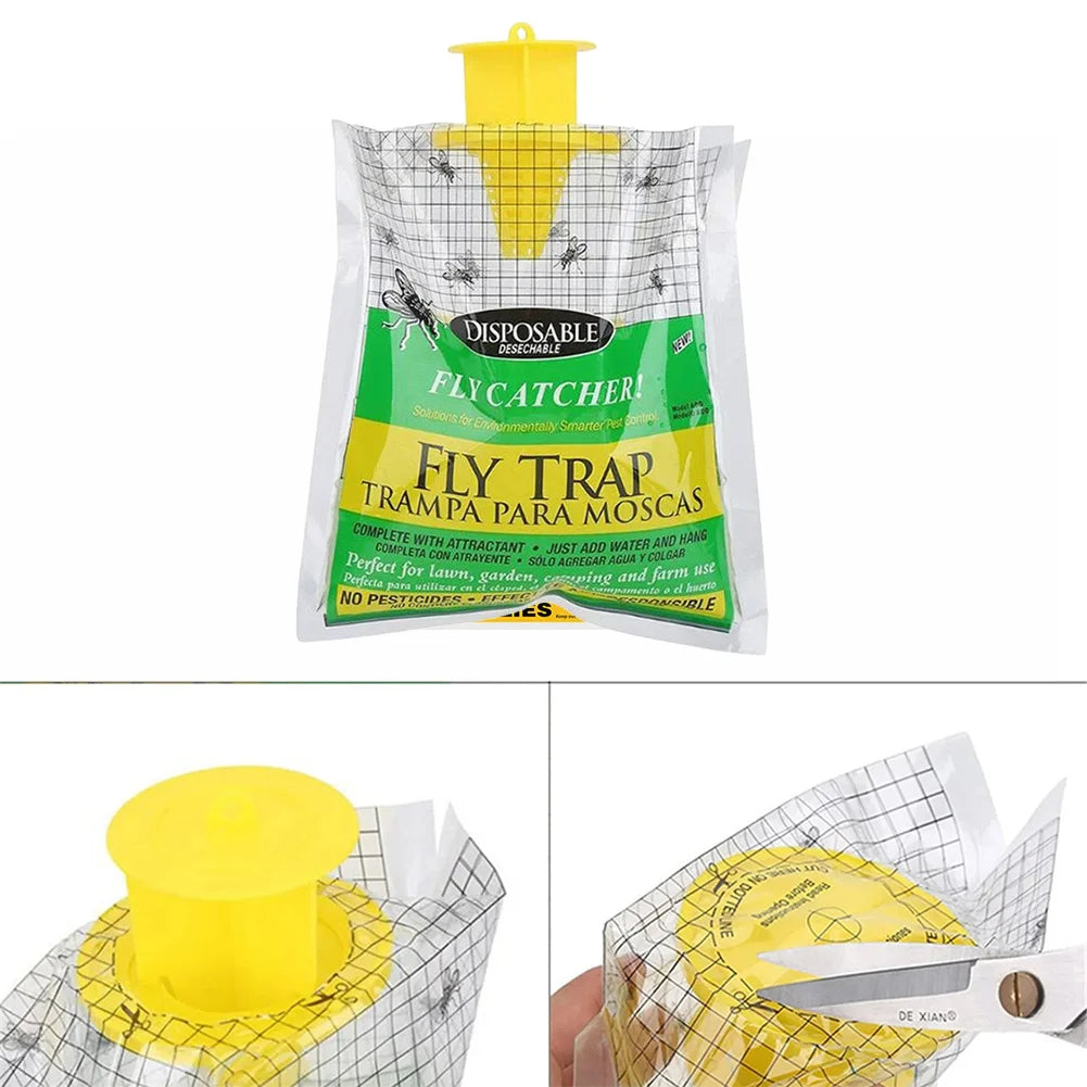 Disposable Fly Trap with Water-Activated Bait and Hanging Loop for Outdoor Use
