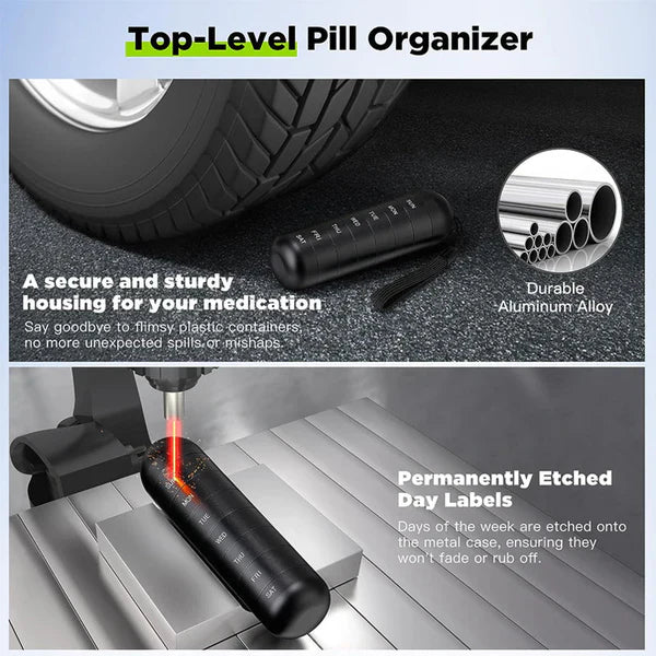Portable Aluminum Pill Case with Seven Day Compartments and Waterproof Seals