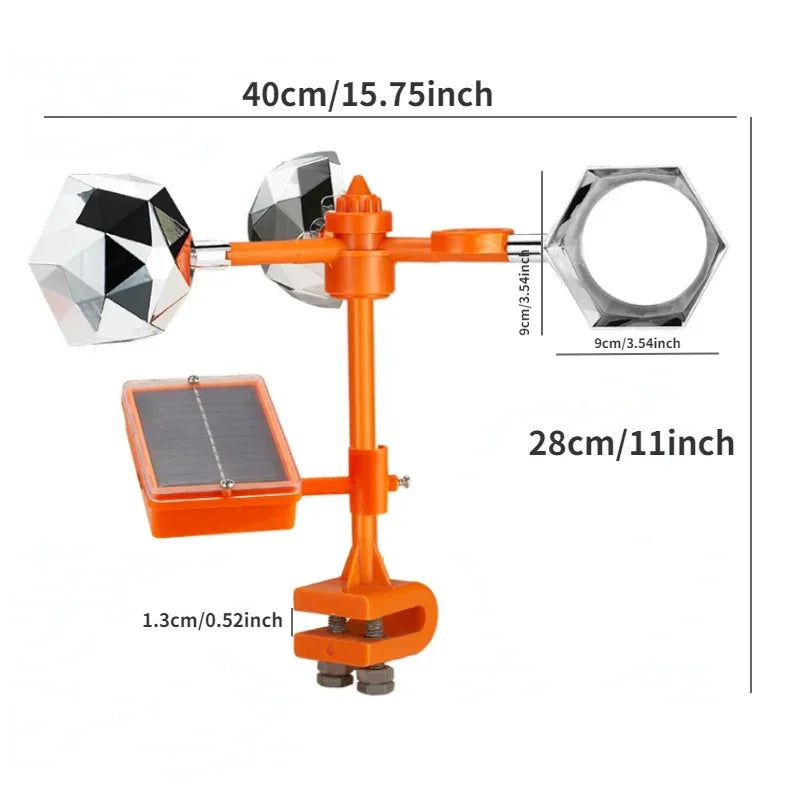 Rotating Solar Bird Repeller with Ultrasonic Sounds and Reflective Mirrors, LED Lights