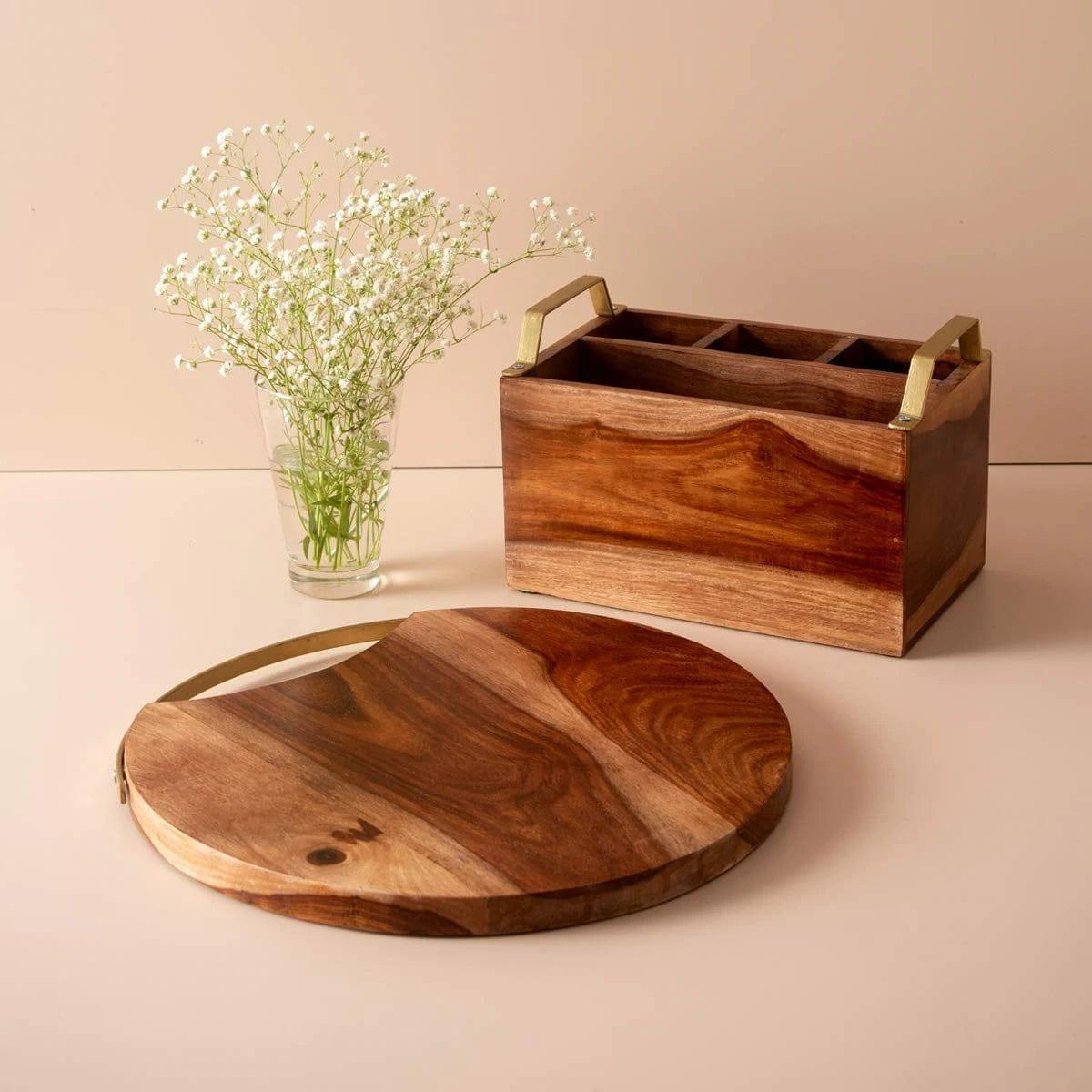 Heritage Acacia Wood Cutting Board & Utensil Holder Set Natural Finish 2-Piece, Kitchen Accessories