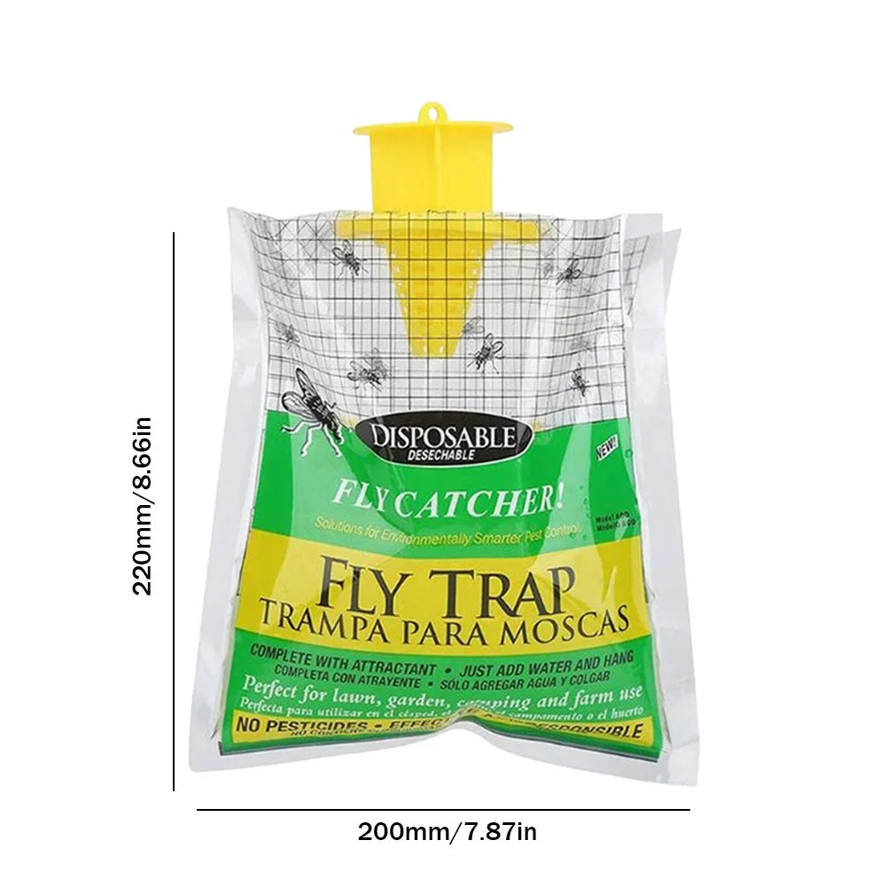 Disposable Fly Trap with Water-Activated Bait and Hanging Loop for Outdoor Use