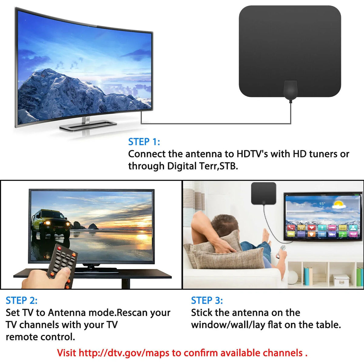 Indoor Digital TV Antenna with 37dB Signal Amplifier and 10ft Cable