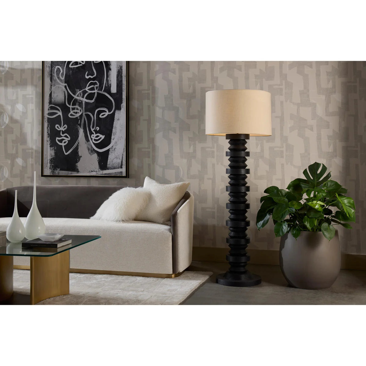 LumiNest Capo Sculpted Wood Floor Lamp 63" Black with Fabric Shade, Living Room Floor Lamps