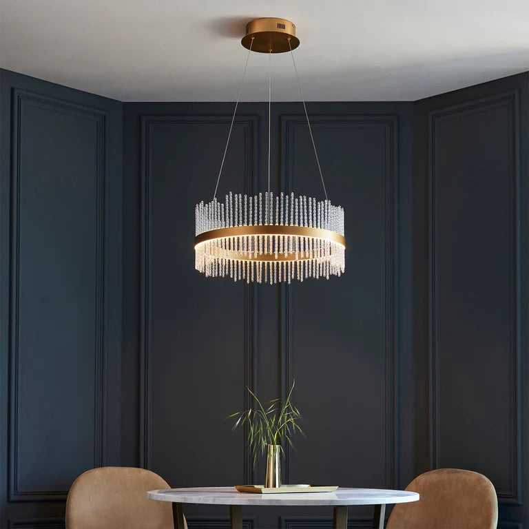 Aurora Luxe Crystal Ring LED Chandelier 35" Gold Finish, Modern Dimmable Pendant Light
