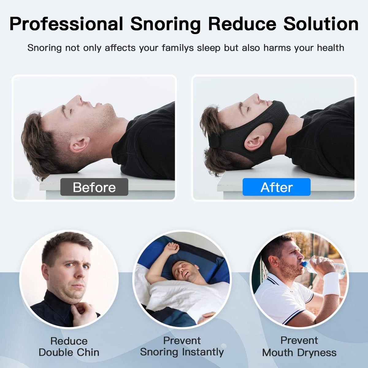 Chin Strap with Double Layer Elastic Fabric and Adjustable Fastener for Snoring