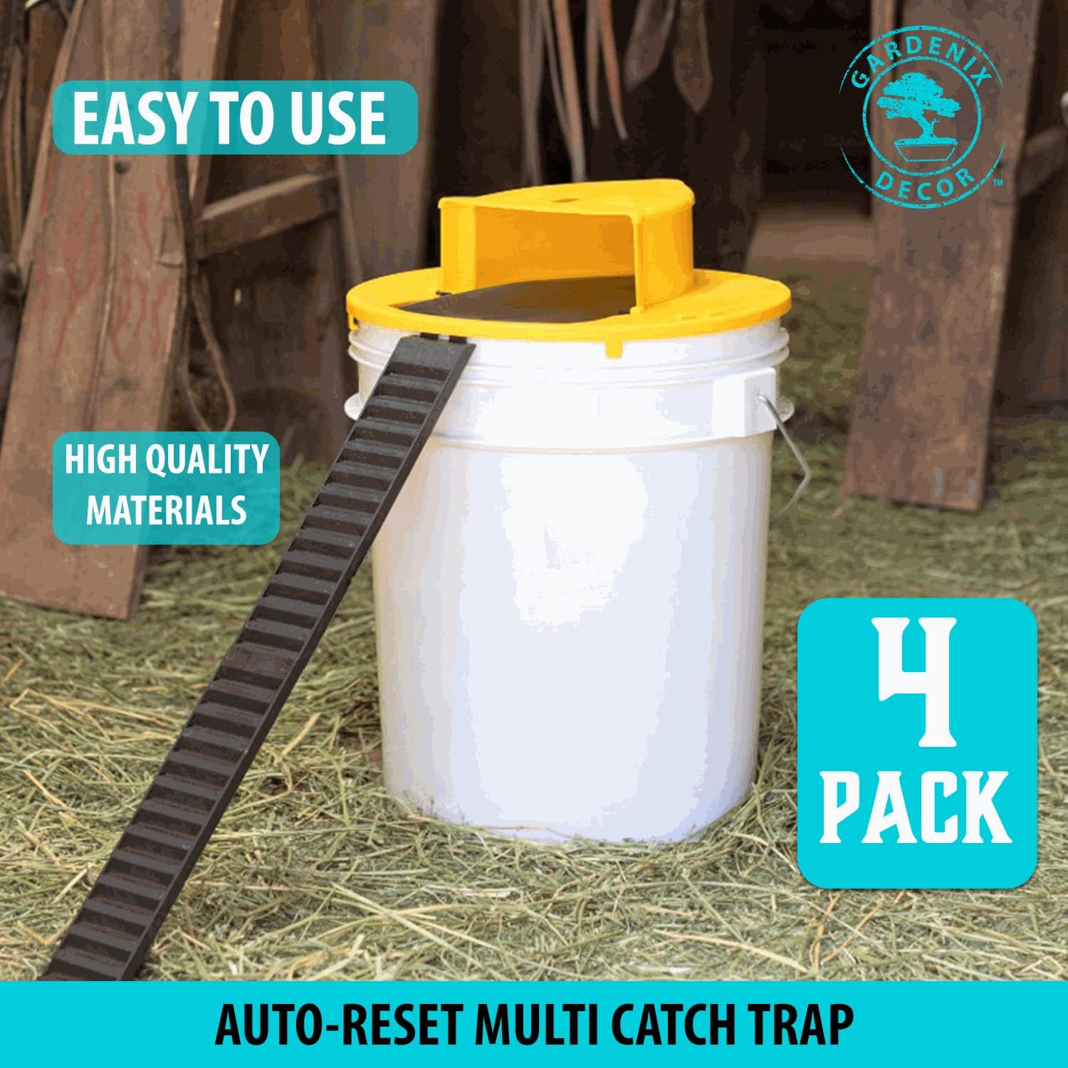 Auto-Reset Bucket Lid Mouse Trap with 10-Mouse Capacity and Ladder System