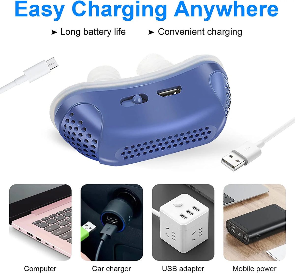 Nasal Sleep Device with Soft Silicone Buds and Rechargeable Power, Portable Travel Size