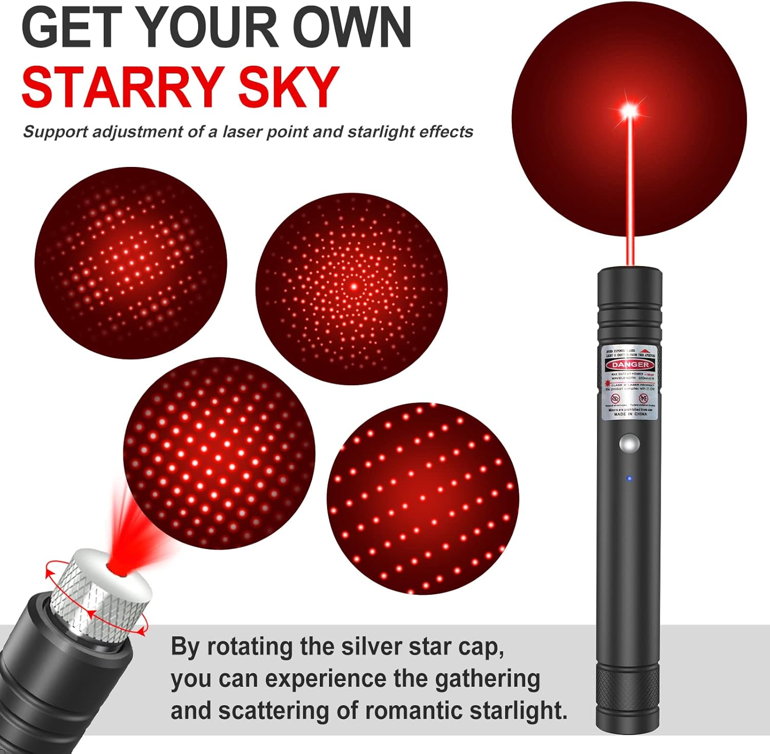 Green Laser Pointer with Rotating Star Cap and Rechargeable Battery, 2000ft Range