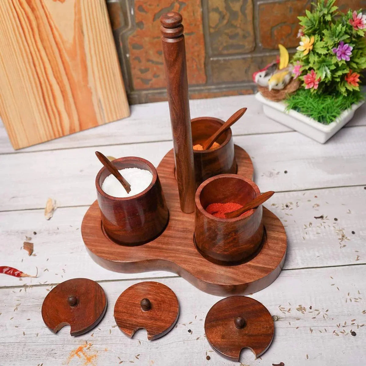 Wood 3-Compartment Spice & Dry Fruit Organizer Set, Kitchen Accessories