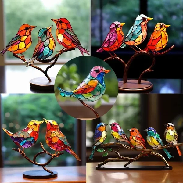Rainbow Acrylic Bird Ornament with Branch Base for Desktop Display