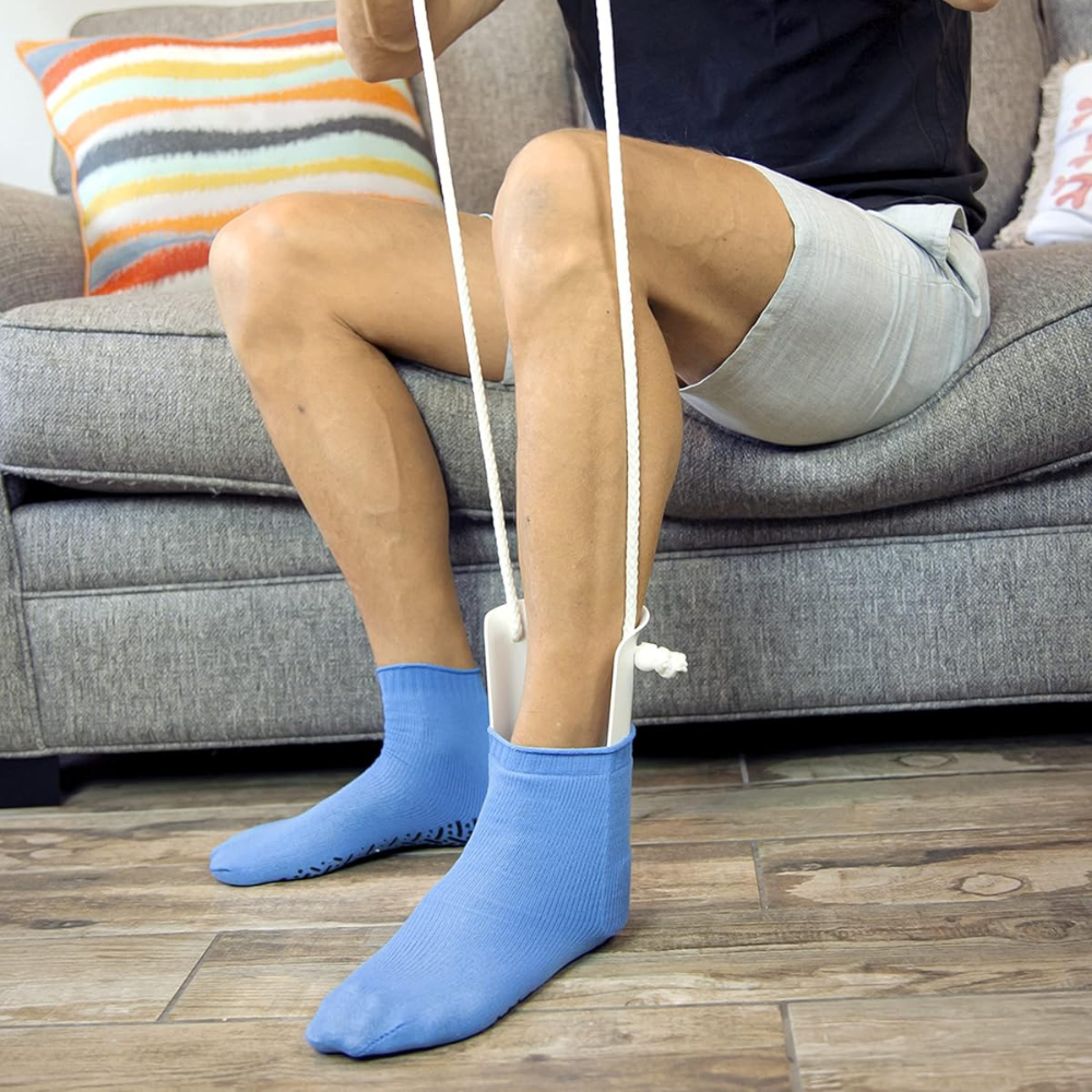 Sock Aid Tool with Extended Handles and Cushioned Frame for Seated Application