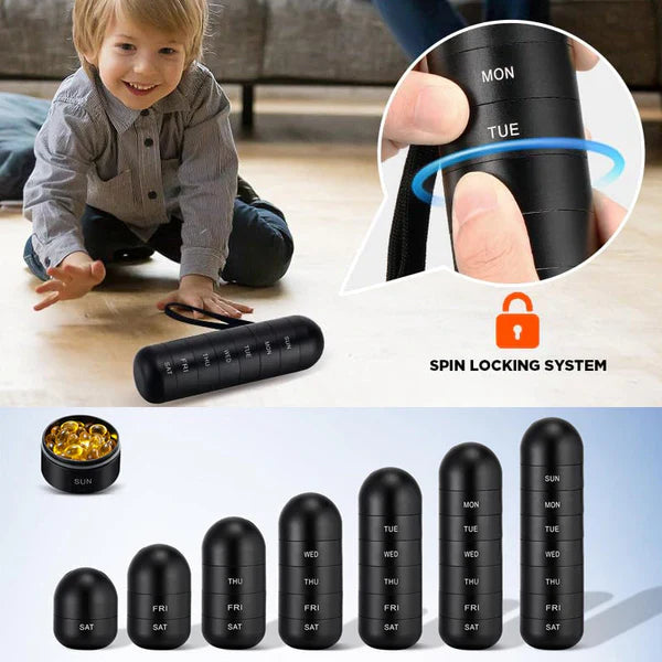 Portable Aluminum Pill Case with Seven Day Compartments and Waterproof Seals