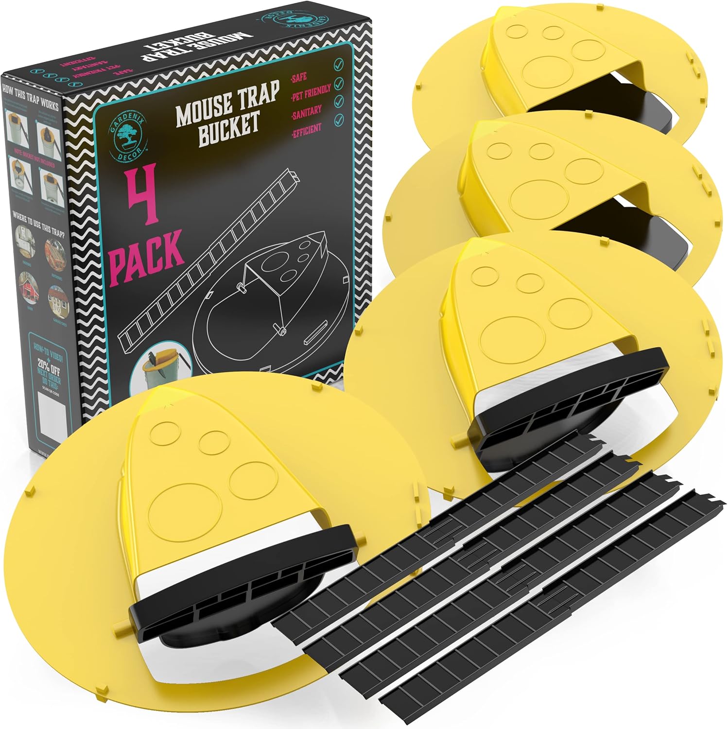 Auto-Reset Bucket Lid Mouse Trap with 10-Mouse Capacity and Ladder System