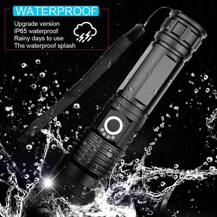 Rechargeable Flashlight with Telescopic Zoom Lens and 90,000 Lumens, IPX6 Water Resistant