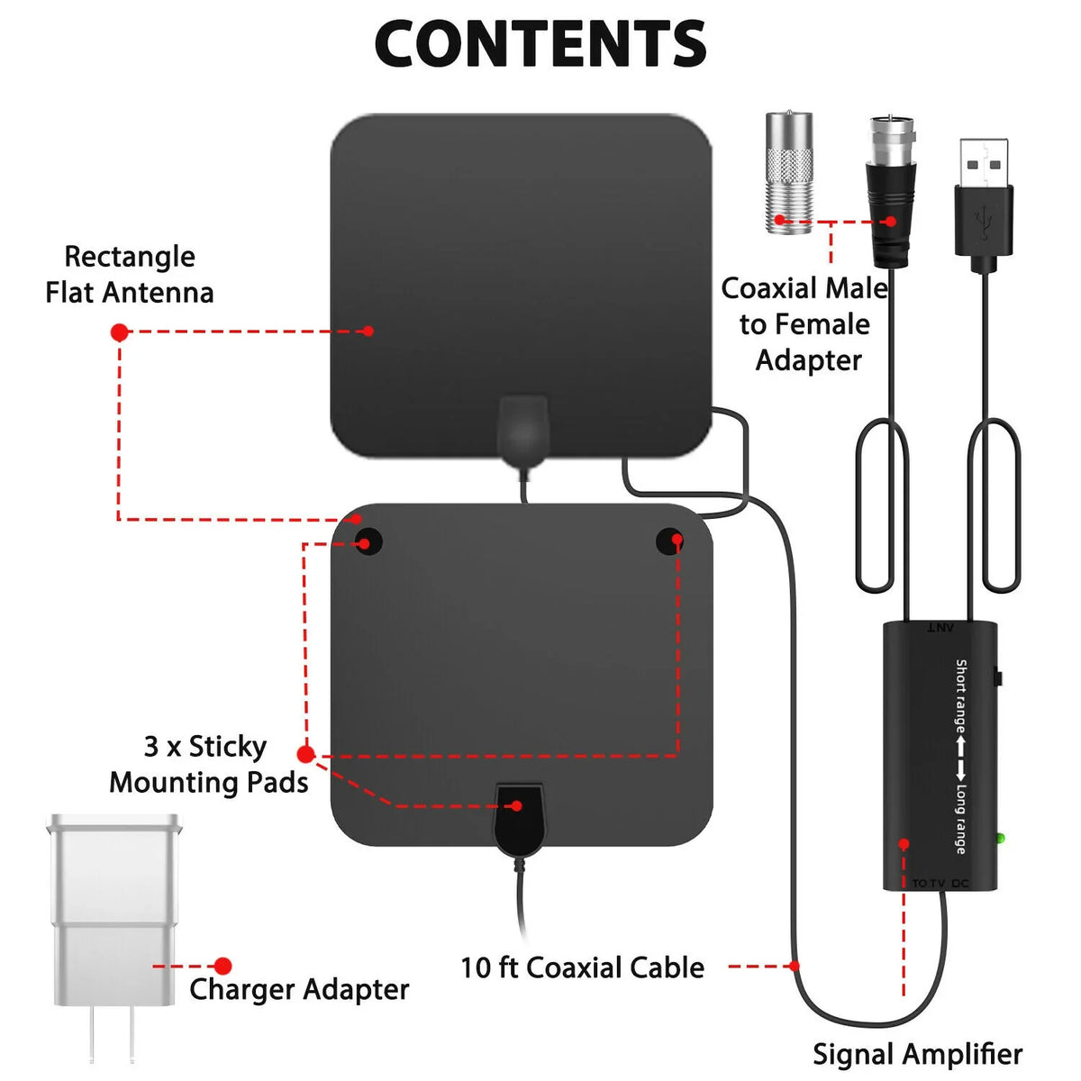 Indoor Digital TV Antenna with 37dB Signal Amplifier and 10ft Cable