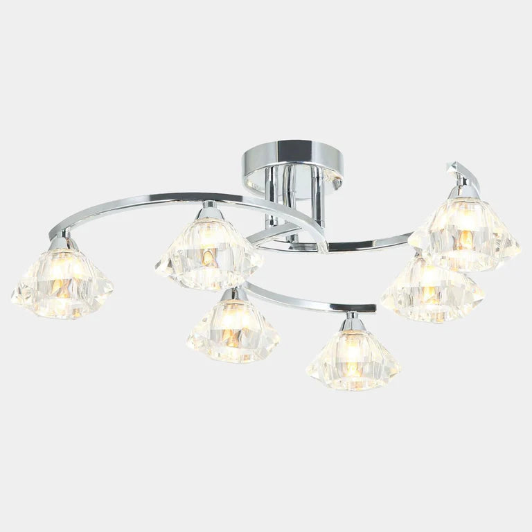Celeste Wave 6-Light Chrome Semi-Flush Ceiling Fixture with Crystal Glass Shades