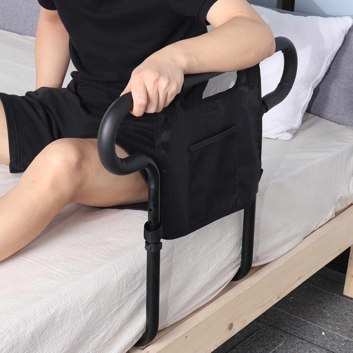 Bed Rail with Storage Pouch and Roll Prevention Barrier for Seniors