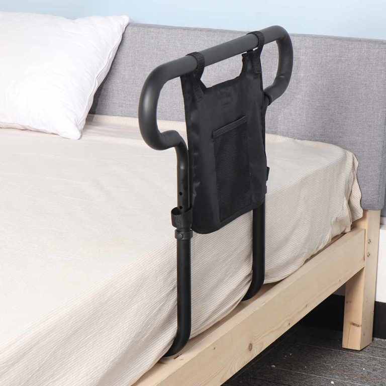 Bed Rail with Storage Pouch and Roll Prevention Barrier for Seniors