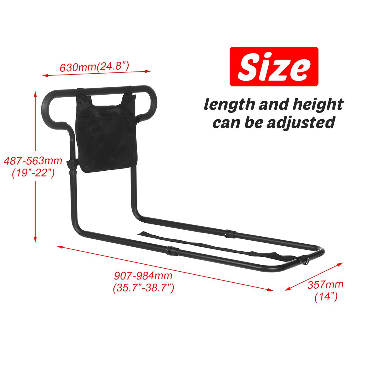 Bed Rail with Storage Pouch and Roll Prevention Barrier for Seniors