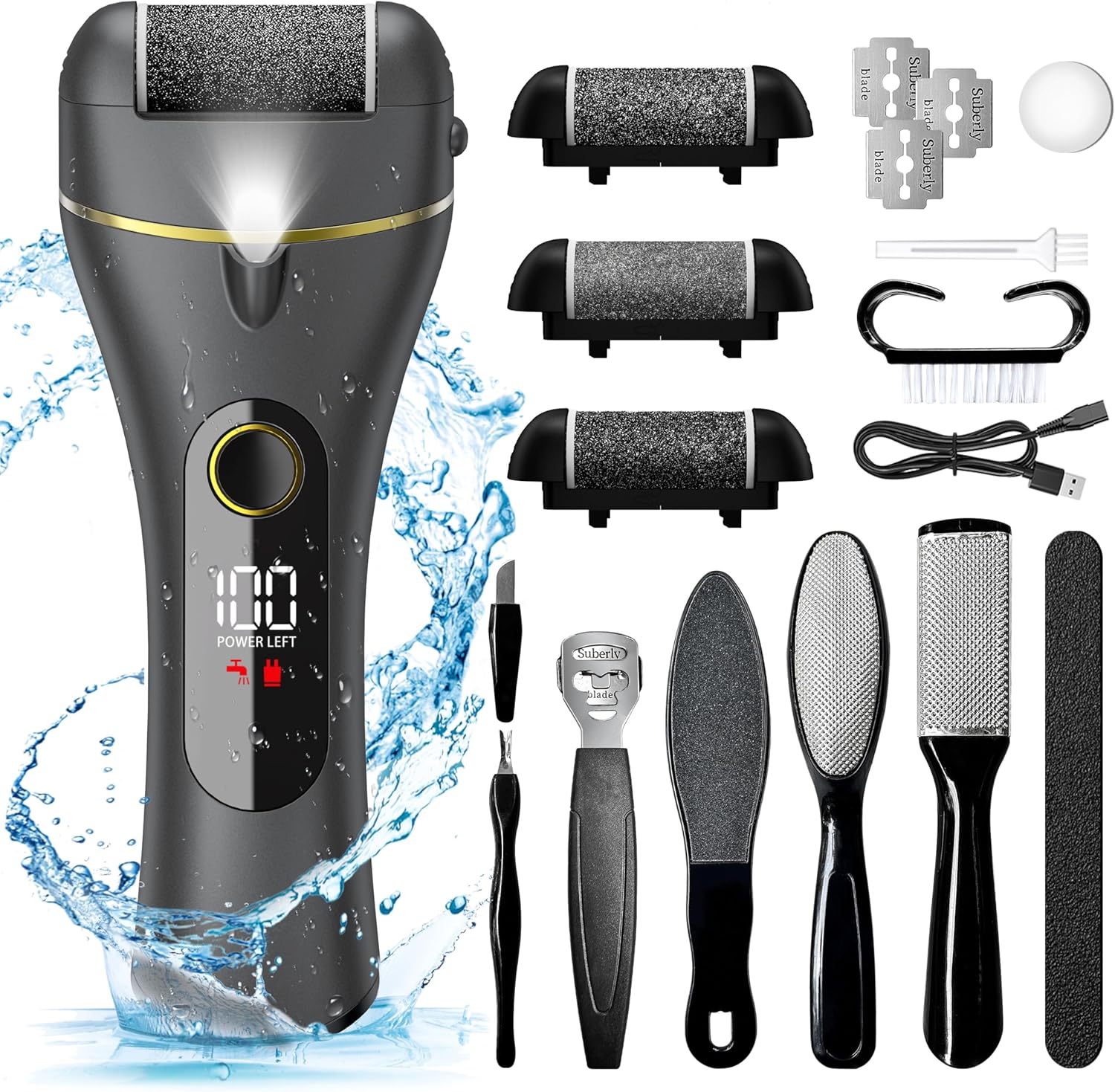 Electric Foot File with Dual Speed Quartz Rollers and LED Light, 16-Piece Pedi Kit