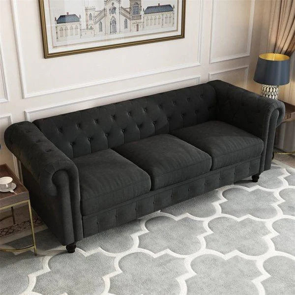 UrbanElegance Chesterfield Velvet Sofa Dark Gray with Tufted Back, 3-Seater Living Room Sofas