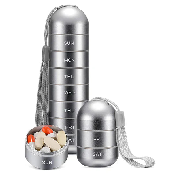 Portable Aluminum Pill Case with Seven Day Compartments and Waterproof Seals