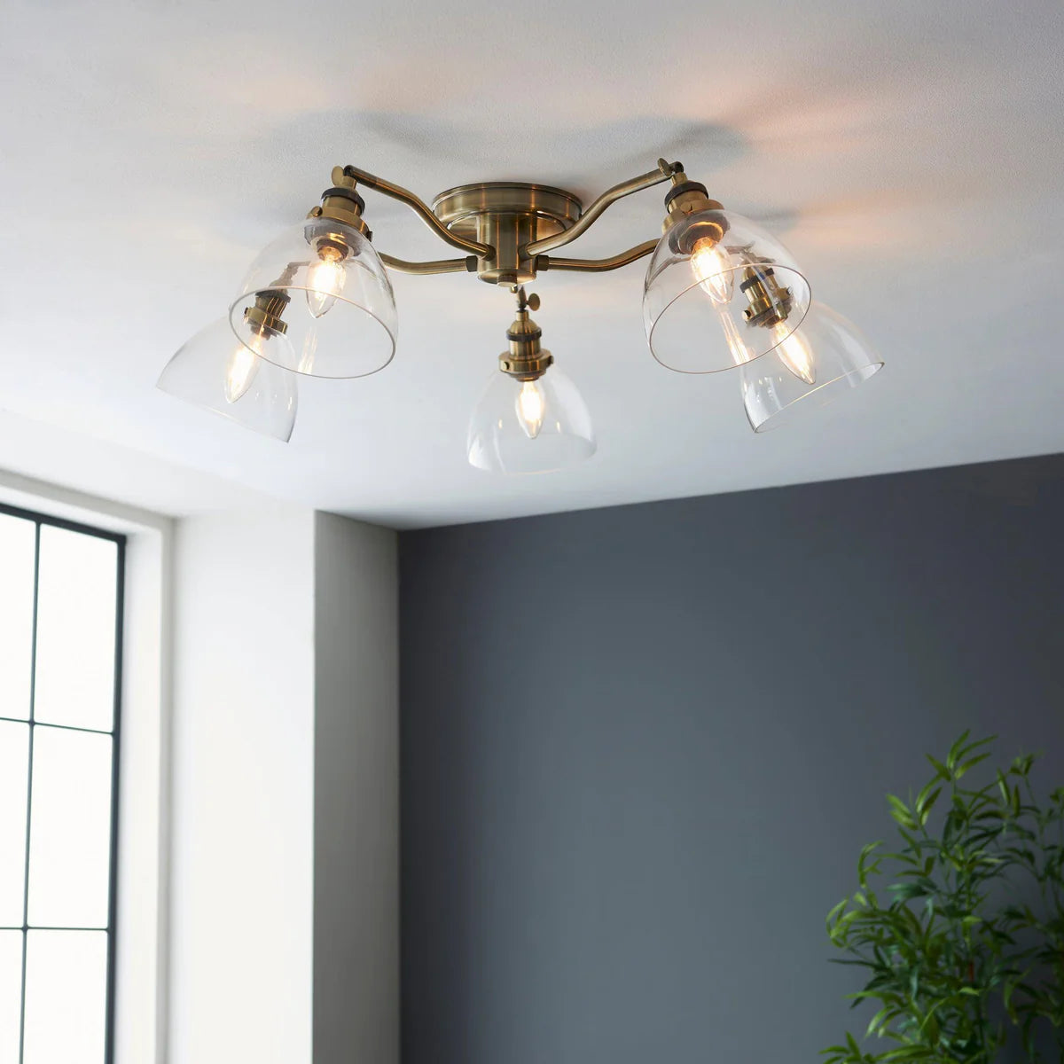 Bravelle Hansen Antique Brass 5-Light Semi-Flush Ceiling Light Clear Glass Shades, Kitchen Lights