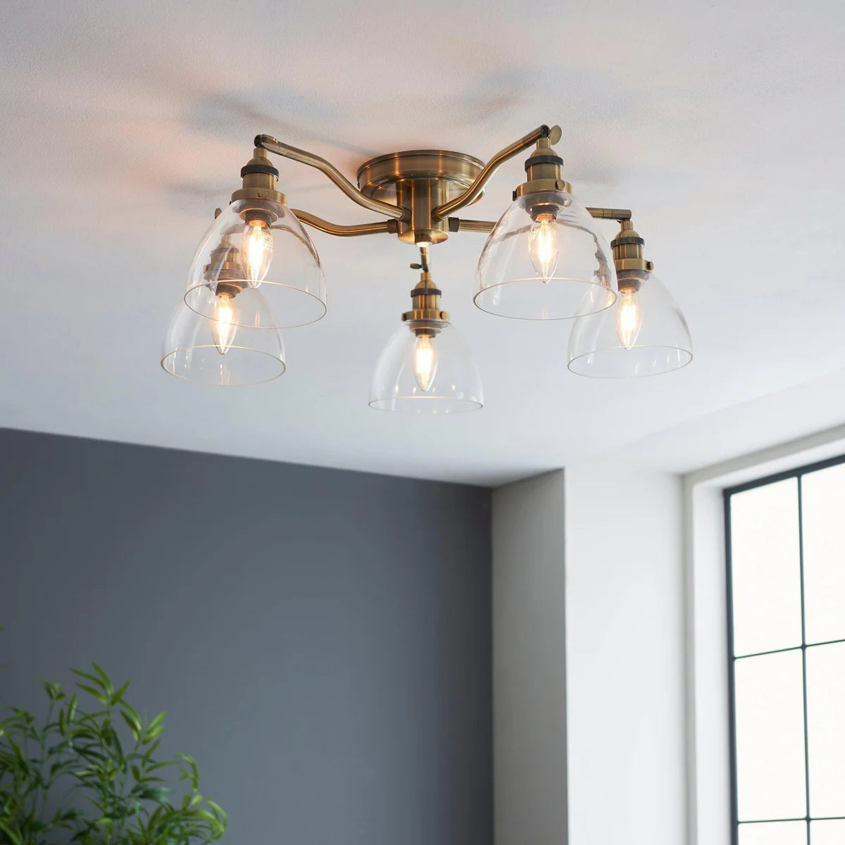 Bravelle Hansen Antique Brass 5-Light Semi-Flush Ceiling Light Clear Glass Shades, Kitchen Lights