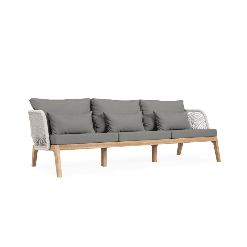 Coastal Luxe Teak Rope Outdoor Sofa Natural Wood & Gray Cushions, Patio Seating