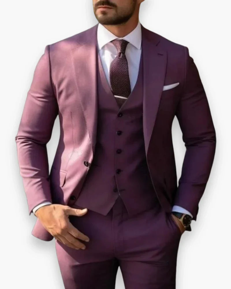 Men's Slim Fit Three Piece Suit with Woven Blend Fabric and Structured Shoulders