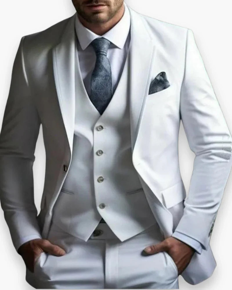 Men's Slim Fit Three Piece Suit with Woven Blend Fabric and Structured Shoulders