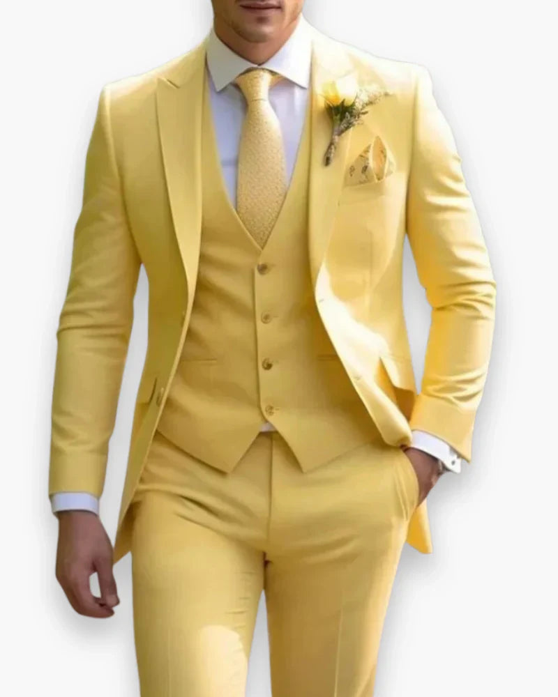 Men's Slim Fit Three Piece Suit with Woven Blend Fabric and Structured Shoulders