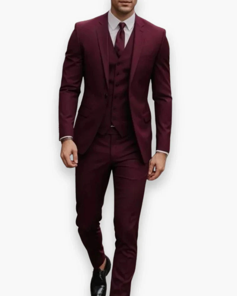 Men's Slim Fit Three Piece Suit with Woven Blend Fabric and Structured Shoulders